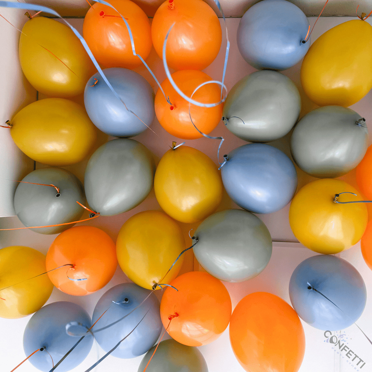 20 Orange, Mustard, Rosemary, and Dusk Blue Ceiling Balloons - Confetti Party Store Balloons Limassol