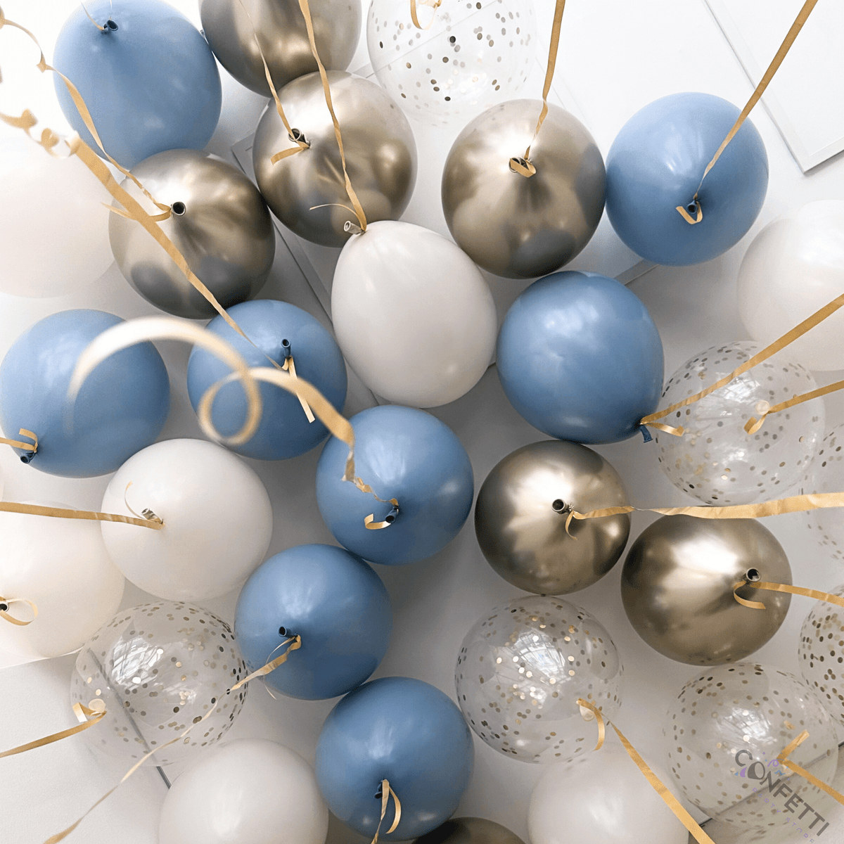 20 Beige, Gold Confetti, Dusk Blue, and Gold Ceiling Balloons - Confetti Party Store Balloons Limassol