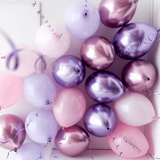 20 Baby Pink, Pink, Lilac, Chrome Purple, and Rose Gold Ceiling Balloons - Confetti Party Store Balloons Limassol