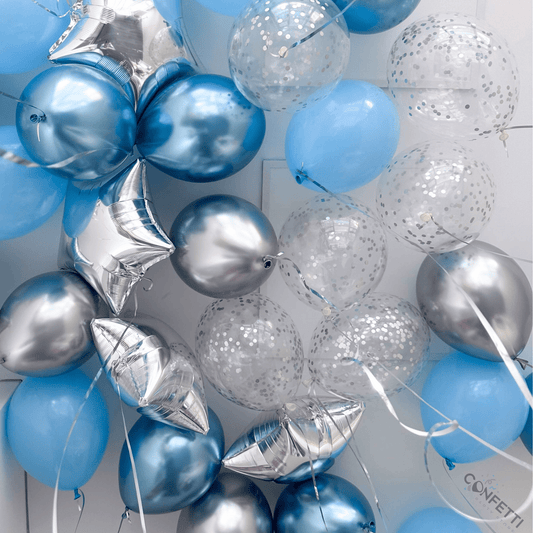 20 Silver, Chrome Blue, Foil Stars, Sky Blue, and Silver Confetti Ceiling Balloons - Confetti Party Store Balloons Limassol