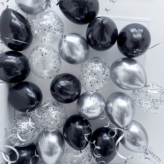 20 Black, Silver, and Silver Confetti Ceiling Balloons - Confetti Party Store Balloons Limassol