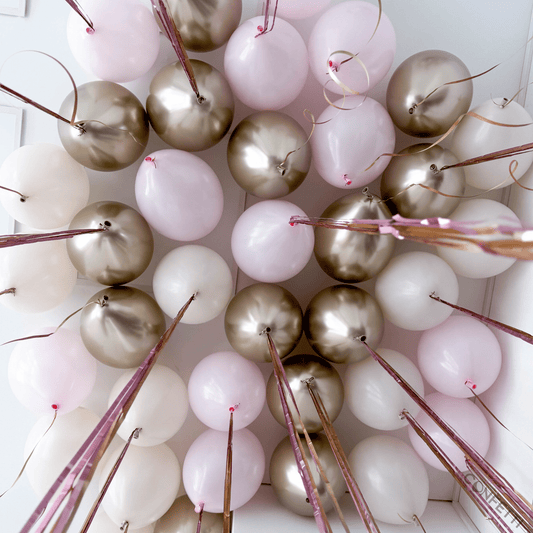 20 Beige, Baby Pink, and Gold Ceiling Balloons - Confetti Party Store Balloons Limassol