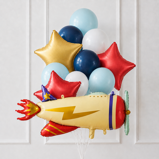 Airplane helium balloon set with red and gold stars and light blue, navy and white balloons