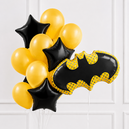 Batman helium balloon set with black stars and yellow balloons