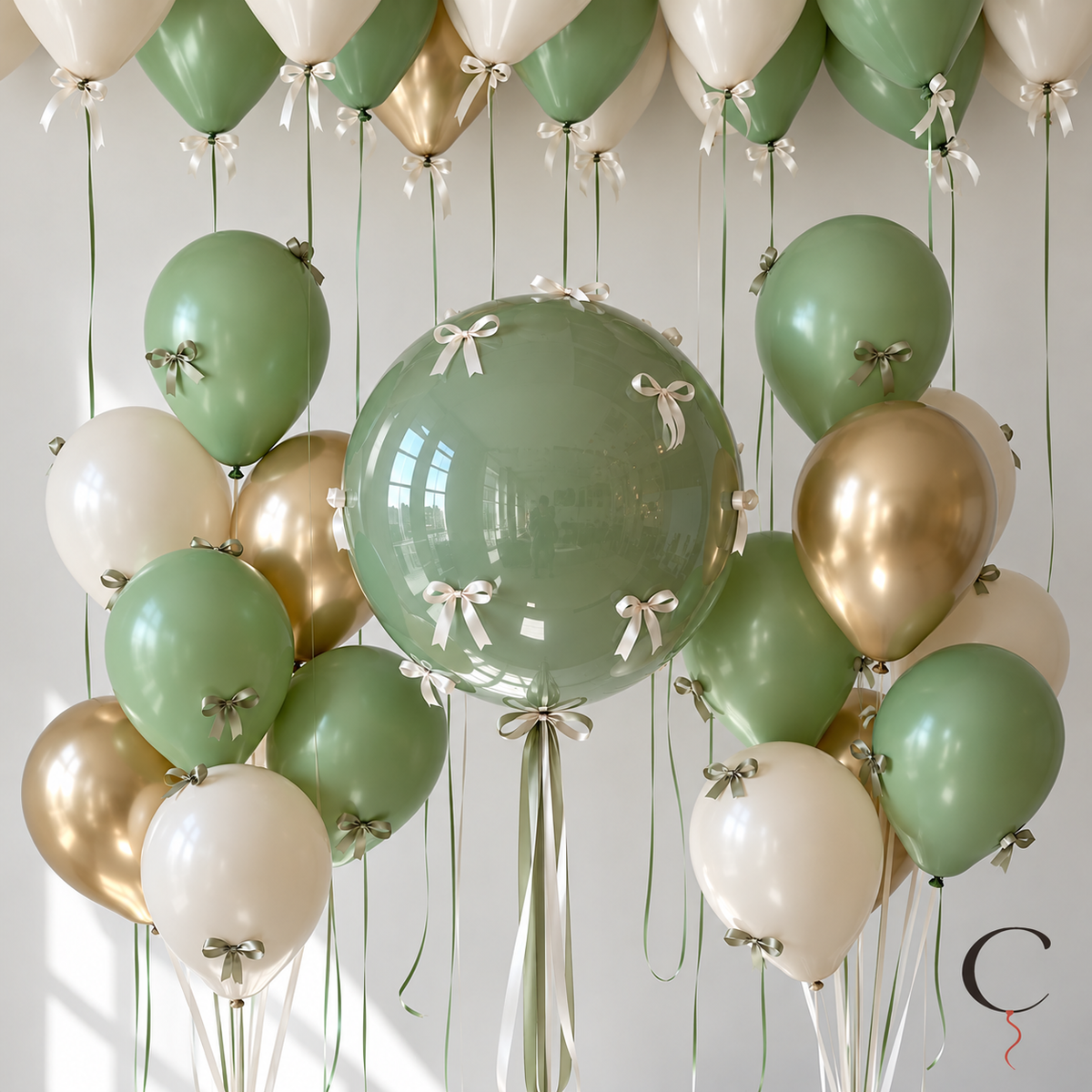 Sage & Champagne Bow Balloon Set