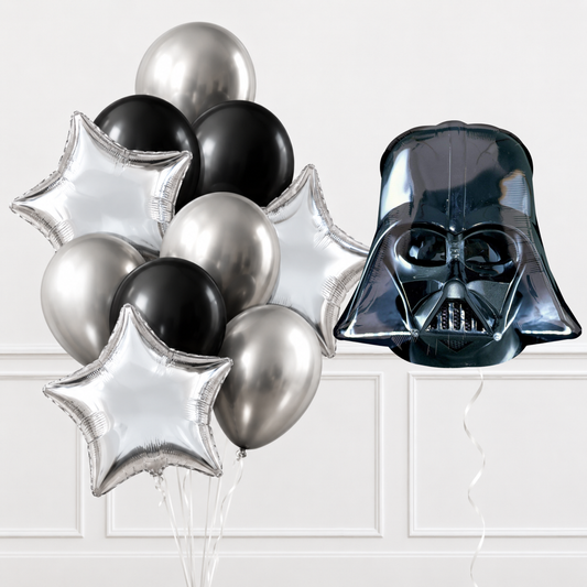 Darth Vader helium balloon set with silver stars and black and silver balloons