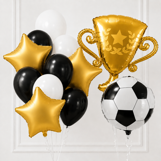 Football trophy helium balloon set with gold stars and black and white balloons