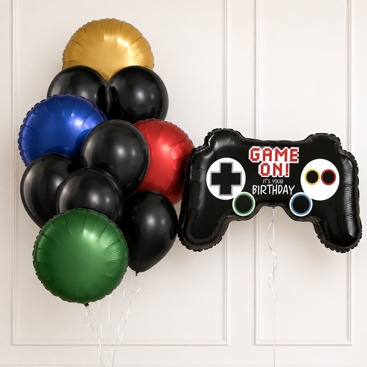 Gaming controller helium balloon set with black, red, green, navy and gold balloons
