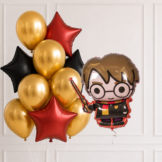 Harry Potter helium balloon set with red and black stars and champagne gold balloons