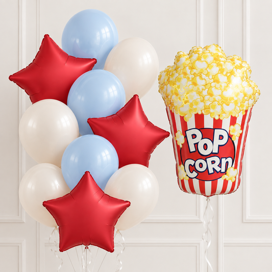 Movie night helium balloon set with giant popcorn, red stars and light blue and cream balloons