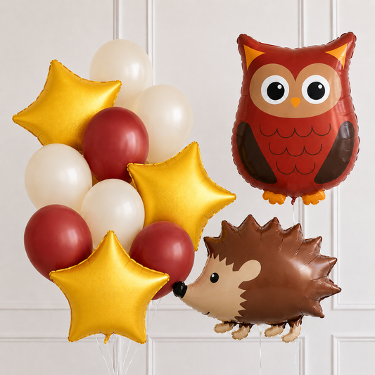 Woodland owl and hedgehog helium balloon set with gold stars, cream and burgundy balloons