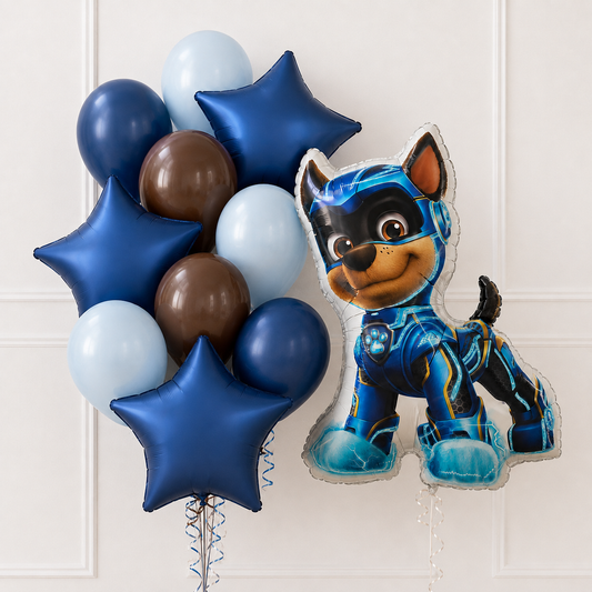 Paw Patrol Chase helium balloon set with navy stars, light blue and chocolate balloons