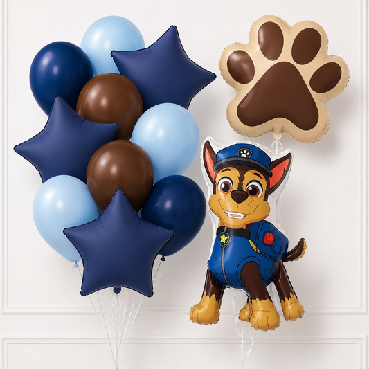 Paw Patrol Chase helium balloon set with giant paw, navy stars and blue balloons