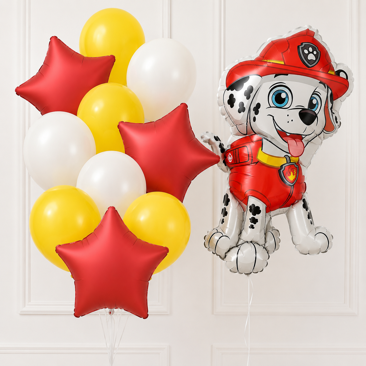 Paw Patrol Marshall helium balloon set with red stars and yellow and white balloons