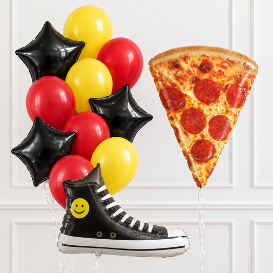 Pizza and sneaker helium balloon set with black stars and red and yellow balloons