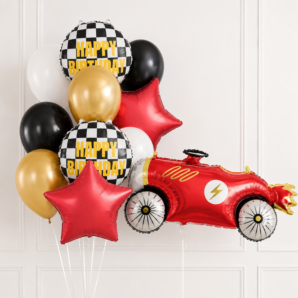 Racing car birthday helium balloon set with red stars and black, white and gold balloons