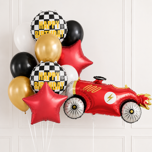 Racing car birthday helium balloon set with red stars and black, white and gold balloons