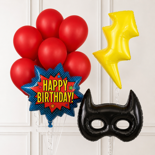 Superhero birthday helium balloon set with black mask, yellow lightning bolt and red balloons