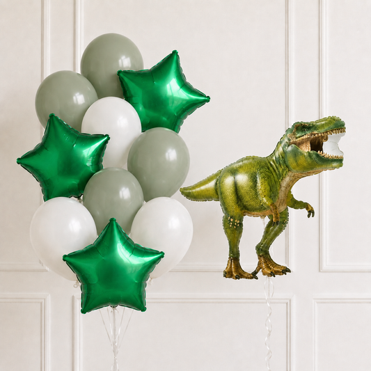 Green T-Rex dinosaur helium balloon set with emerald stars and rosemary and white balloons