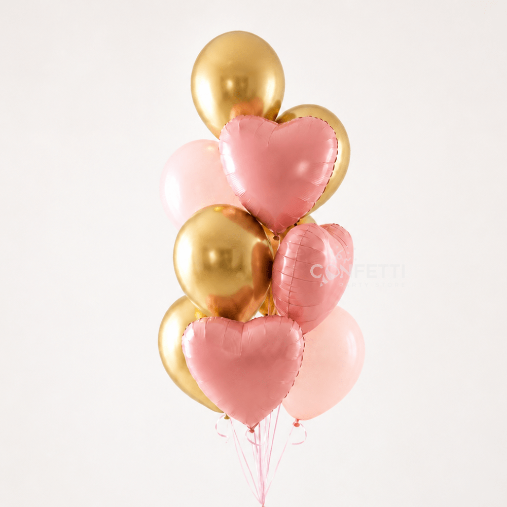Pink &amp; Gold Heart Balloon Bouquet - Confetti Party Store Balloons Limassol