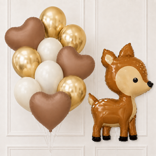 Woodland deer helium balloon set with chocolate hearts, ivory and champagne gold balloons